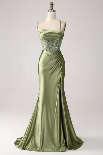 Vestido de fiesta largo de lentejuelas con escote de sirena verde militar con escote de sirena con abertura